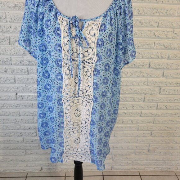 Woman Within Womens Top 2X Tunic Cap Sleeve Blue Geometric Crochet Sheer GEO229E - Picture 3 of 9